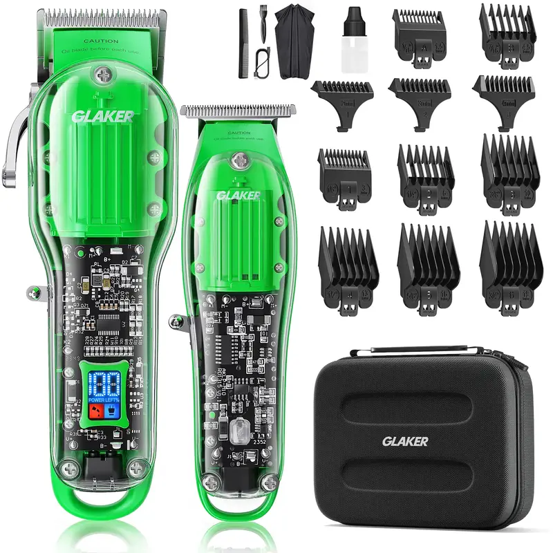 GLAKER Transparent Hair Clipper and Trimmer Kit, Cordless Clippers, Barber Kit, 11 Guide Combs, Haircut at Home, Gift for Him...