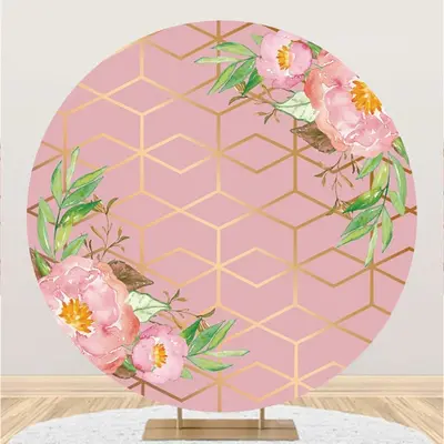 Aperturee Pink Flowers And Leaves Golden Lines Round Backdrop | Custom Elegant Wedding Backdrop | Wedding Stage Backdrop | Ba...
