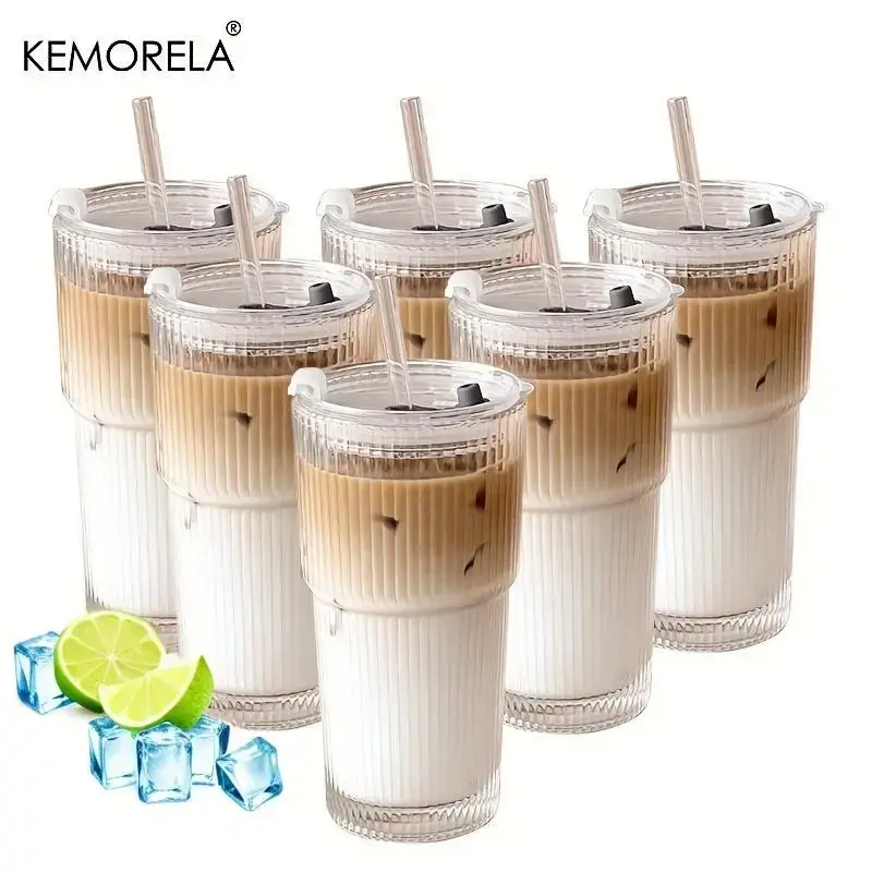 Large Capacity Vertical Striped Glass Cup with Lid & Straw, 4/6 Counts Cold Drink Cup for Juice, Coffee, Water Cup, Summer Co...