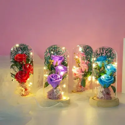 Artificial Rose with Light & Glass Cover, 1 Count Decorative Flower for Home & Party, Birthday Gift for Girlfriend Wife