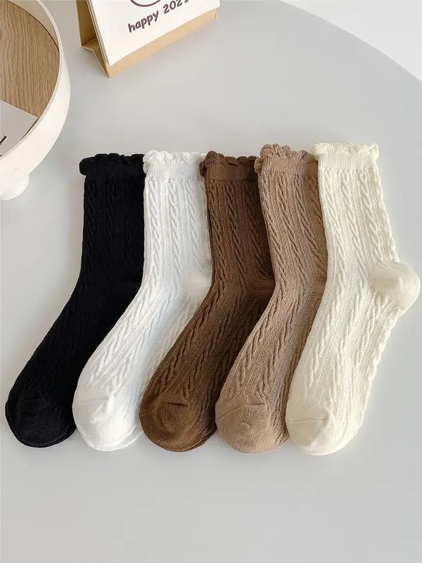 Women's Solid Textured Crew Socks, Casual Cozy Mid-calf Socks for Daily Wear, Women's Socks & Hosiery for All Seasons