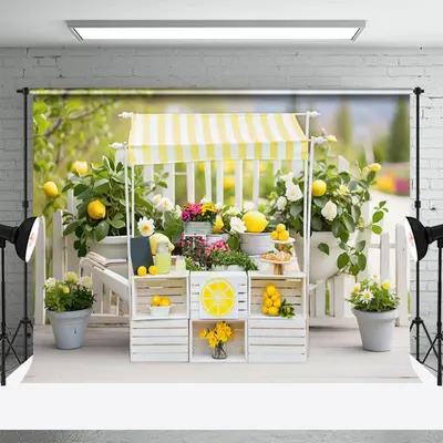 Lemon Wooden Stall Green Leaves Spring Backdrop - Aperturee