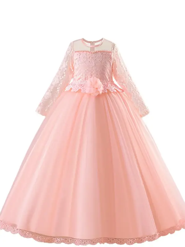 Girl's Contrast Mesh Flowers Decor Zipper Back Fit & Flare Dress, Elegant Long Sleeve Round Neck Tulle Dress for Party Perfor...