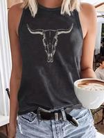 Women's Bull Head & Letter Print Round Neck Tank Top, Casual Sleeveless Crewneck Top for Daily Wear, Clothing, Tank Tops for ...
