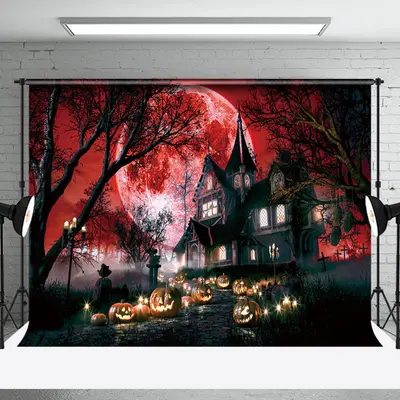Forest Villa Pumpkin Red Bloody Moon Halloween Backdrop
