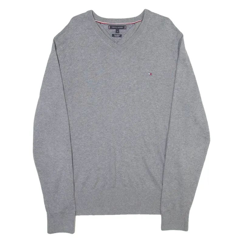 TOMMY HILFIGER Mens Jumper Grey V-Neck Tight Knit XL