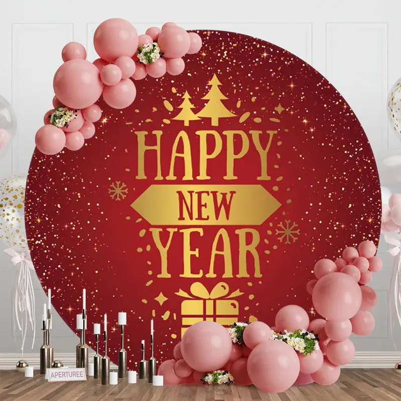 Snowy Dots Gifts Happy New Year Round Holiday Backdrop - Aperturee