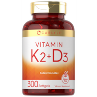 Carlyle Vitamin K2 and D3 Supplement | 300 Softgels | 200mcg K2 MK7 & 10,000 IU D3 | Non-GMO, Gluten Free