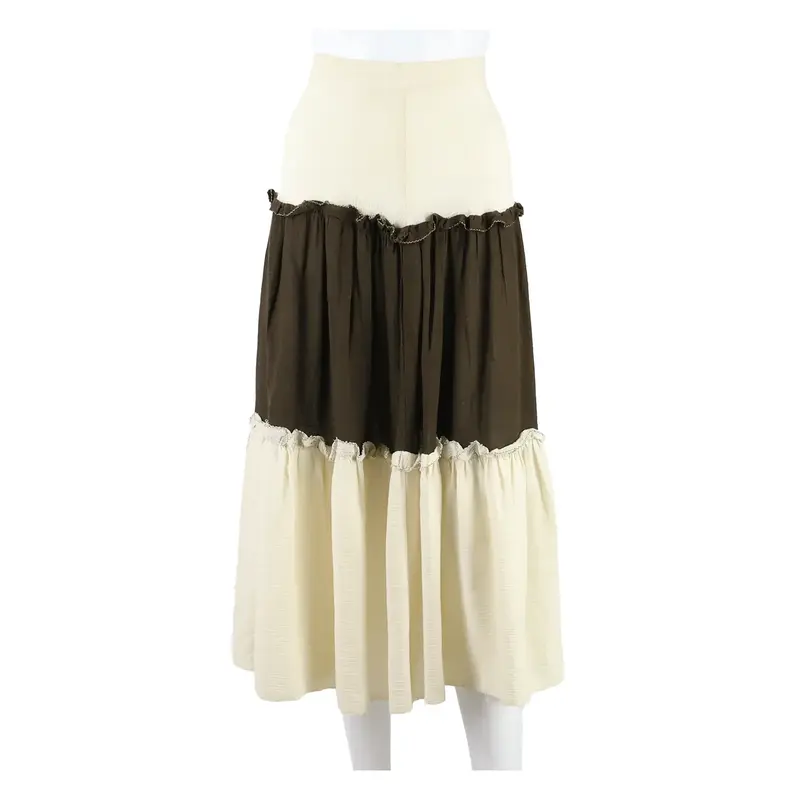 Womens Pleated Skirt Beige Long 90s Colourblock M