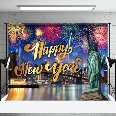 Aperturee City Scene Sparkle Statue Happy New Year Backdrop - Aperturee