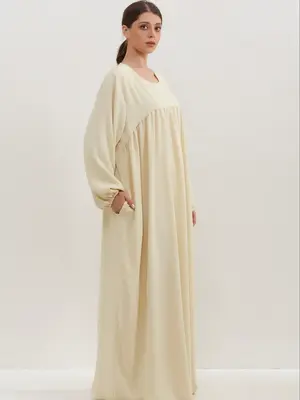 Arabic Clothing-Solid Bishop Sleeve Ruffle Smock Dress, Modest Round Neck Pocket Long Arabian Dress, Women's Islamic Clothing...