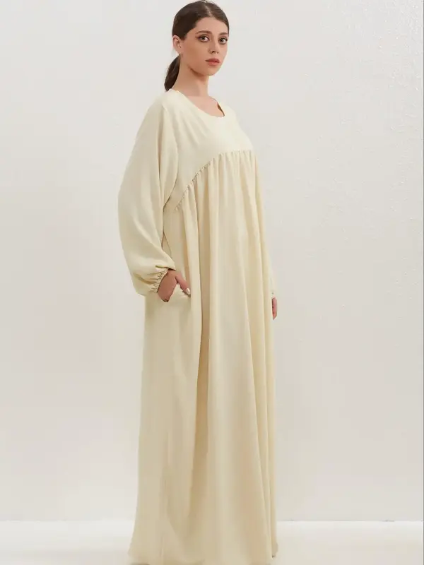 Arabic Clothing-Solid Bishop Sleeve Ruffle Smock Dress, Modest Round Neck Pocket Long Arabian Dress, Women's Islamic Clothing...