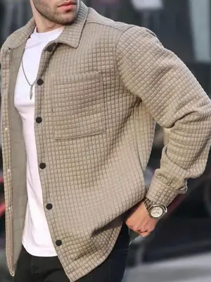Men's Plain Waffle Knit Pocket Button Front Shirt, Regular Fit Fashion Casual Long Sleeve Collared Top for Fall, Streetwear, ...