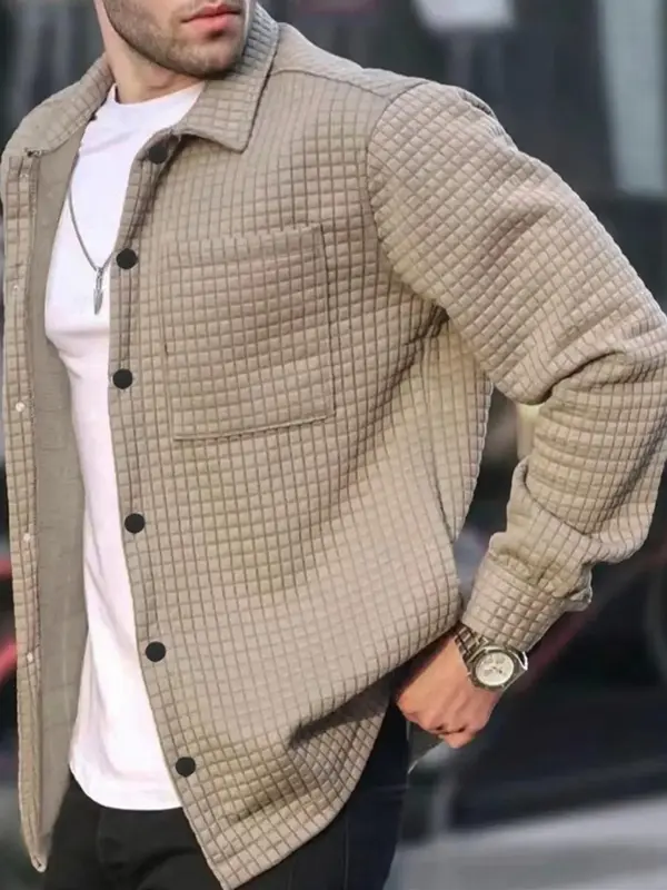 Men's Plain Waffle Knit Pocket Button Front Shirt, Regular Fit Fashion Casual Long Sleeve Collared Top for Fall, Streetwear, ...