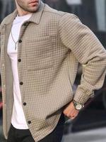 Men's Plain Waffle Knit Pocket Button Front Shirt, Regular Fit Fashion Casual Long Sleeve Collared Top for Fall, Streetwear, ...