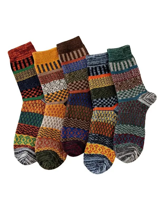 Men's 5 Pairs Vintage Warm Ethnic Pattern Crew Socks, Casual Soft Comfortable Breathable Mid-calf Socks For Daily Wear, Men's...