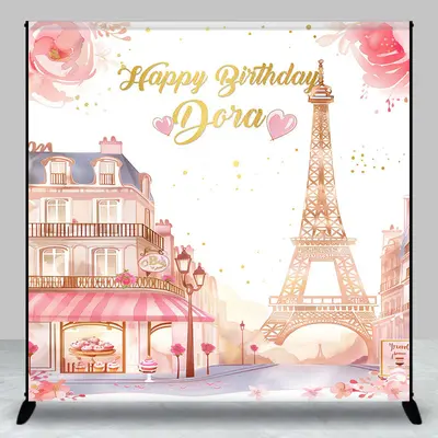 Pink French Street Tower Custom Birthday Backdrop
