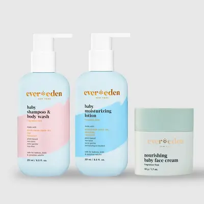 Evereden Baby Cleanse & Hydrate Bundle - Gentle, Safe Ingredients for Delicate Skin - Includes Face Cream, Lotion & Head-to-T...