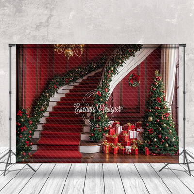 Festive Red Stairs Gifts Trees Christmas Backdrop - Aperturee