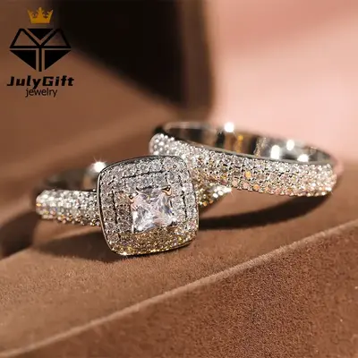 Jewelry Princess Wedding Rings for Women Engagement Band Bridal Set Square 1.8Ct Cz Size 5-10