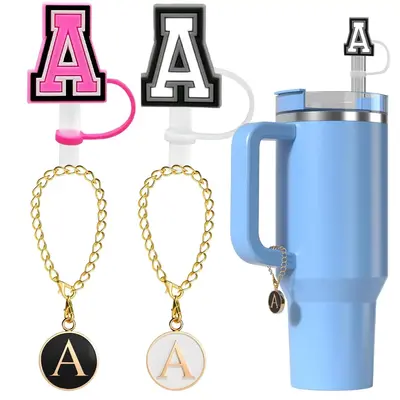 Letter Design Straw Topper & Cup Charm Set, 4 Counts Cup Decoration Accessory, Including 2 Letter Straw Cover & 2 Letter Char...
