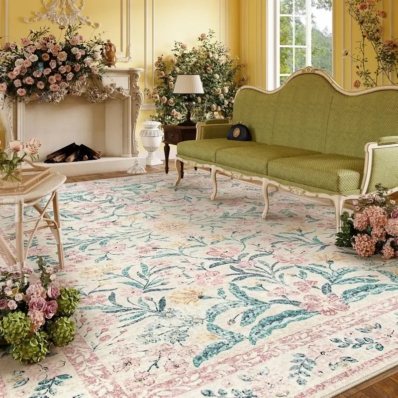 【FallFreshness】Lahome Flower Washable Area Rugs, Non-Slip Soft Rug for Dining Room, Living Room, Bedroom and Kitchen, Spr...