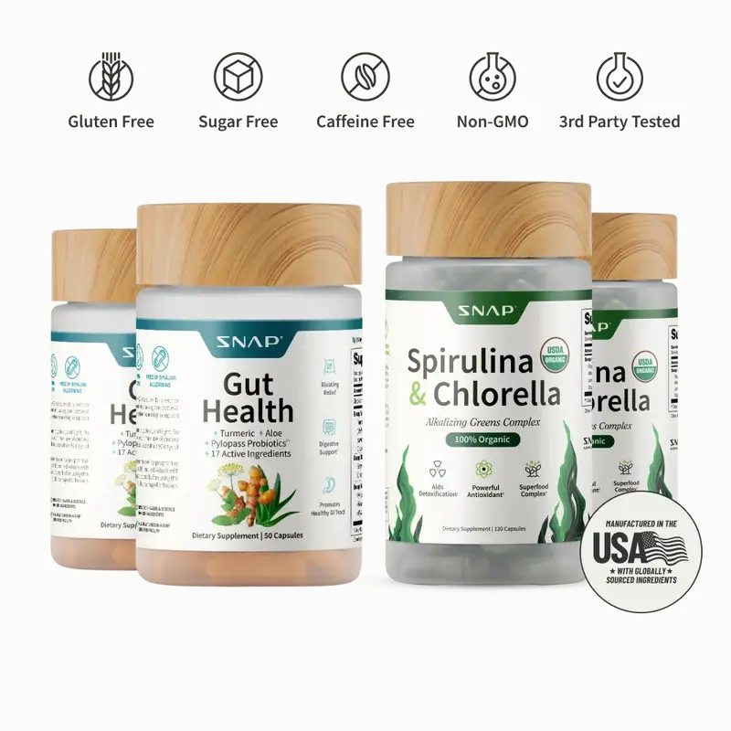 2x Ultimate Gut Glow Bundle - Snap Supplements - 2x Gut Health + 2x Spirulina & Chlorella - Probiotic Supplement Combo