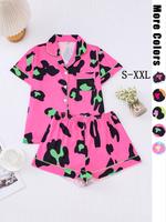 Two-piece Set Women's All Over Leopard Print Lapel Shirt & Shorts Pyjama, Casual Comfy Short Sleeve Pocket Top & Shorts Pj Se...