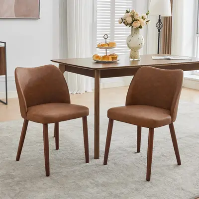 Garvee Set of 2 Mid Century Modern PU Leather Dining Chairs with Wood Legs for Dining Room, Brown