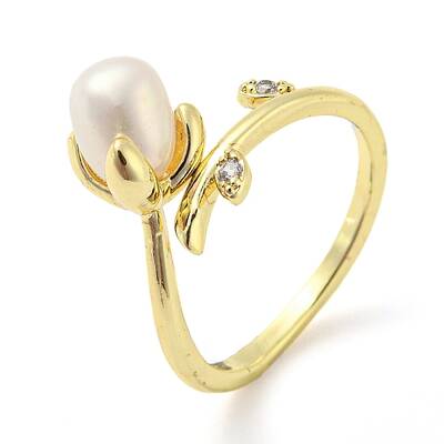 Flower Natural Pearl Cuff Ring with Rhinestone
