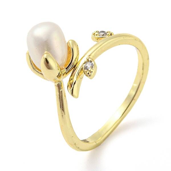 Flower Natural Pearl Cuff Ring with Rhinestone