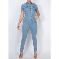 MOENIA LITE DENIM SHORT SLEEVE BUTTON DOWN JUMPSUIT