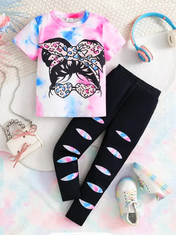 Girl's Cartoon Print Top & Elastic Waist Pants Set, Casual Round Neck Short Sleeve Top & Pants for Daily Wear, Kids Summer Cl...