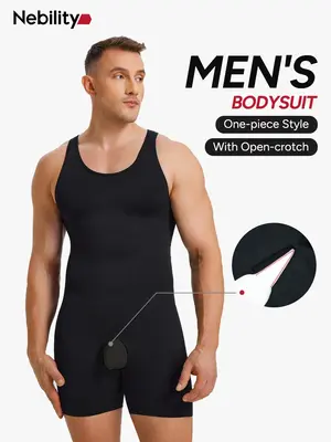 Nebility Men's Body Suit Shapewear - Seamless Crotch Design Breathable Thin Sports Shirt for Fitness and Sports Fabric Mensw...