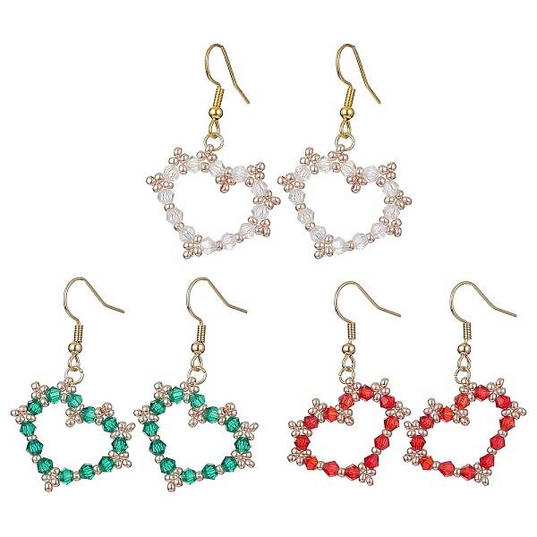 Glass Beaded Heart Dangle Earrings with 304 Stainless Steel Pins