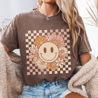 Comfort Colors Smiley Face Flower Shirt, Retro Smile Face, Trendy Vintage Graphic Tee, Checkered, funny graphic tees, Unisex ...