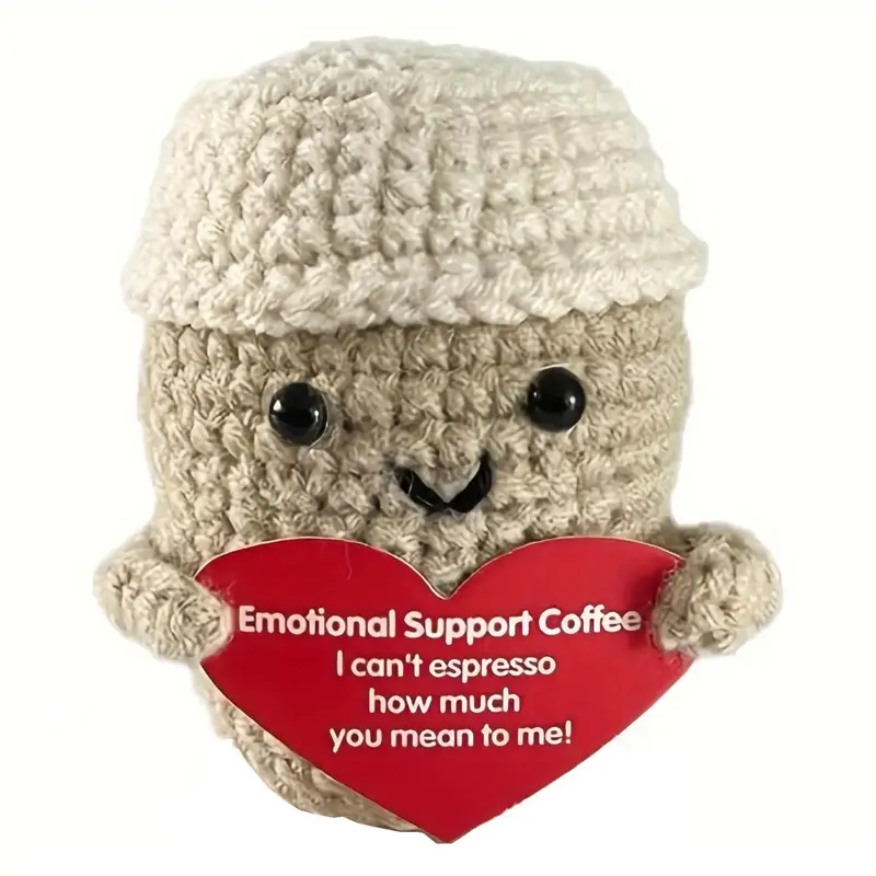 Coffee Cup Design  Emotional Crochet Doll, 1 Count Cute Crochet Doll with Positive Card, Soft Wool Knitting Toy Decoration, E...