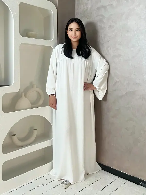 Arabic Clothing-Solid Bishop Sleeve Round Neck Dress, Summer Outfits 2024, Casual Long Sleeve Long Dress for Women, Women's I...