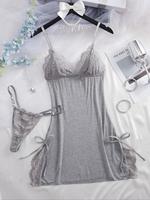 Women's Solid Color Lace Trim Cami Nightdress & Thong Sexy Sleepwear Two-Piece Set, Soft Comfortable Nighty Dress & Panty Set...