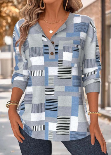 Modlily Dusty Blue Tummy Coverage Geometric Print Long Sleeve Sweatshirt - M