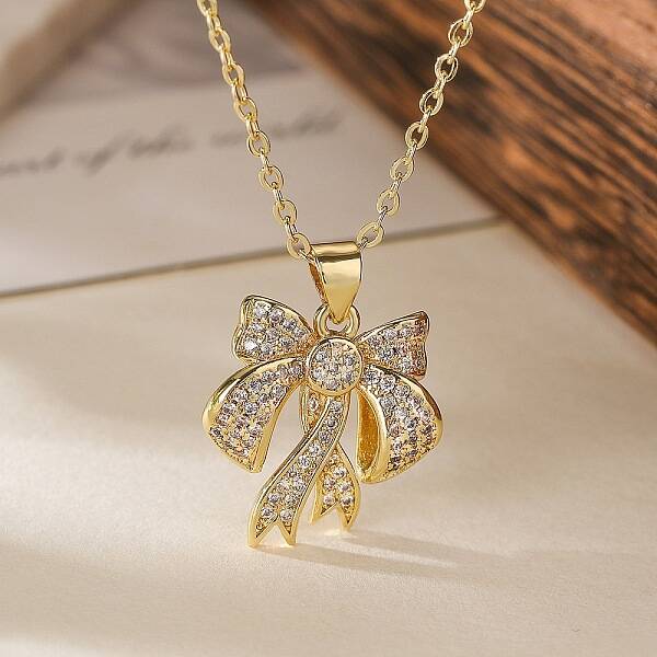 Brass Micro Pave Clear Cubic Zirconia Cable Chain Bowknot Pendant Necklaces for Women