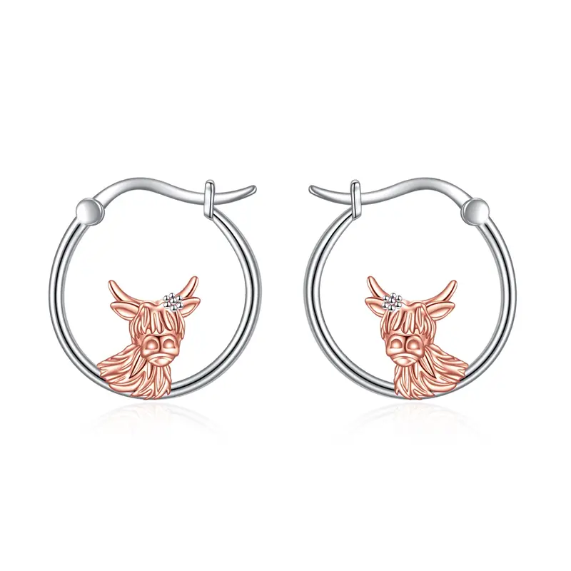 Sterling Silver Two-tone Highland Cow Hoop Earrings