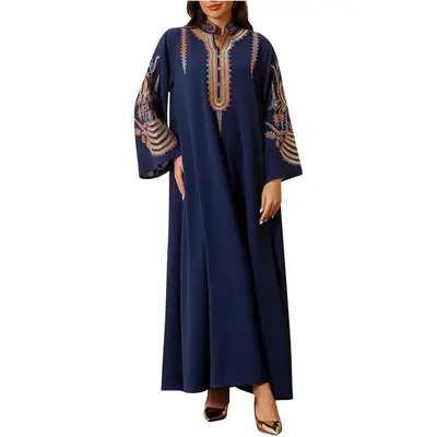 Muslim Abaya Dress for Women – V Neck Embroidered Kaftan – Arabic Islamic Dubai Prayer Robe Dress – Holiday Evening Dre...