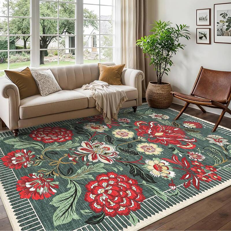 Garvee Floral Area Rug 5x7 Ultra Thin Soft Botanical Print Non Slip Stain Resistant Hypoallergenic Machine Washable Living Ro...
