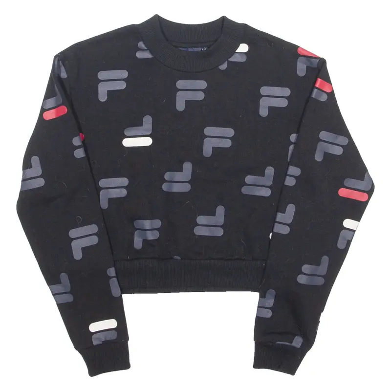 FILA Cropped All Over Print Womens Sweatshirt Black Crew Neck S