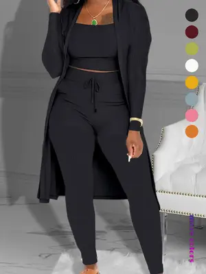 Women's Plain Long Sleeve Open Front Cardigan & Tie Front Leggings & Sleeveless Cropped Top Set, Casual Elegant Fashion Cozy ...