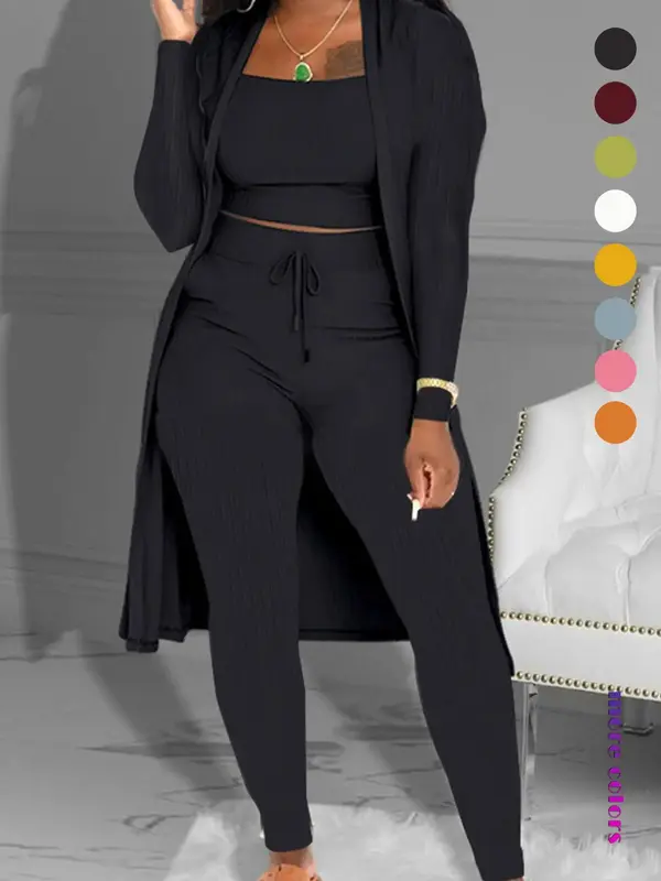 Women's Plain Long Sleeve Open Front Cardigan & Tie Front Leggings & Sleeveless Cropped Top Set, Casual Elegant Fashion Cozy ...