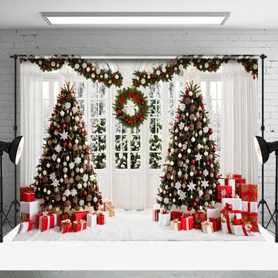 Aperturee Wreath White Window Pine Tree Gifts Christmas Bckdrop - Aperturee