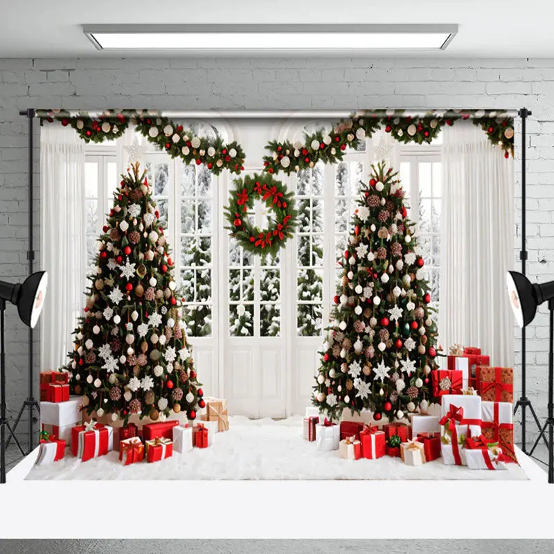 Aperturee Wreath White Window Pine Tree Gifts Christmas Bckdrop - Aperturee
