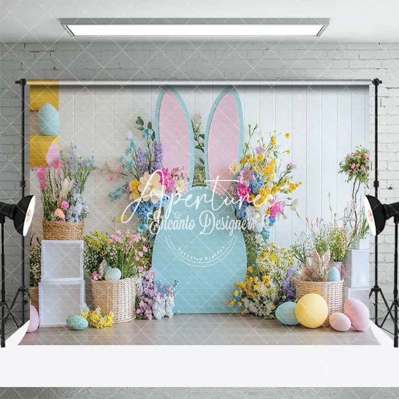 Aperturee White Wall Color Floral Bunny Eggs Easter Backdrop, 3X2FT(1MX0.6M), 14 USD, easter backdrops, ENHD3J71-M